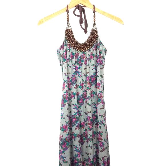 Wooden Beaded Floral Print Boho Halter Maxi Dress - Picture 1 of 10